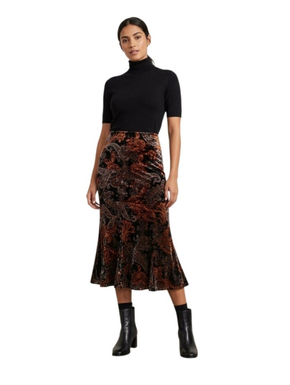 Vintage 90s Whimsigoth Crushed Velvet Paisley Brown/ Blk Flare Maxi Skirt Size S